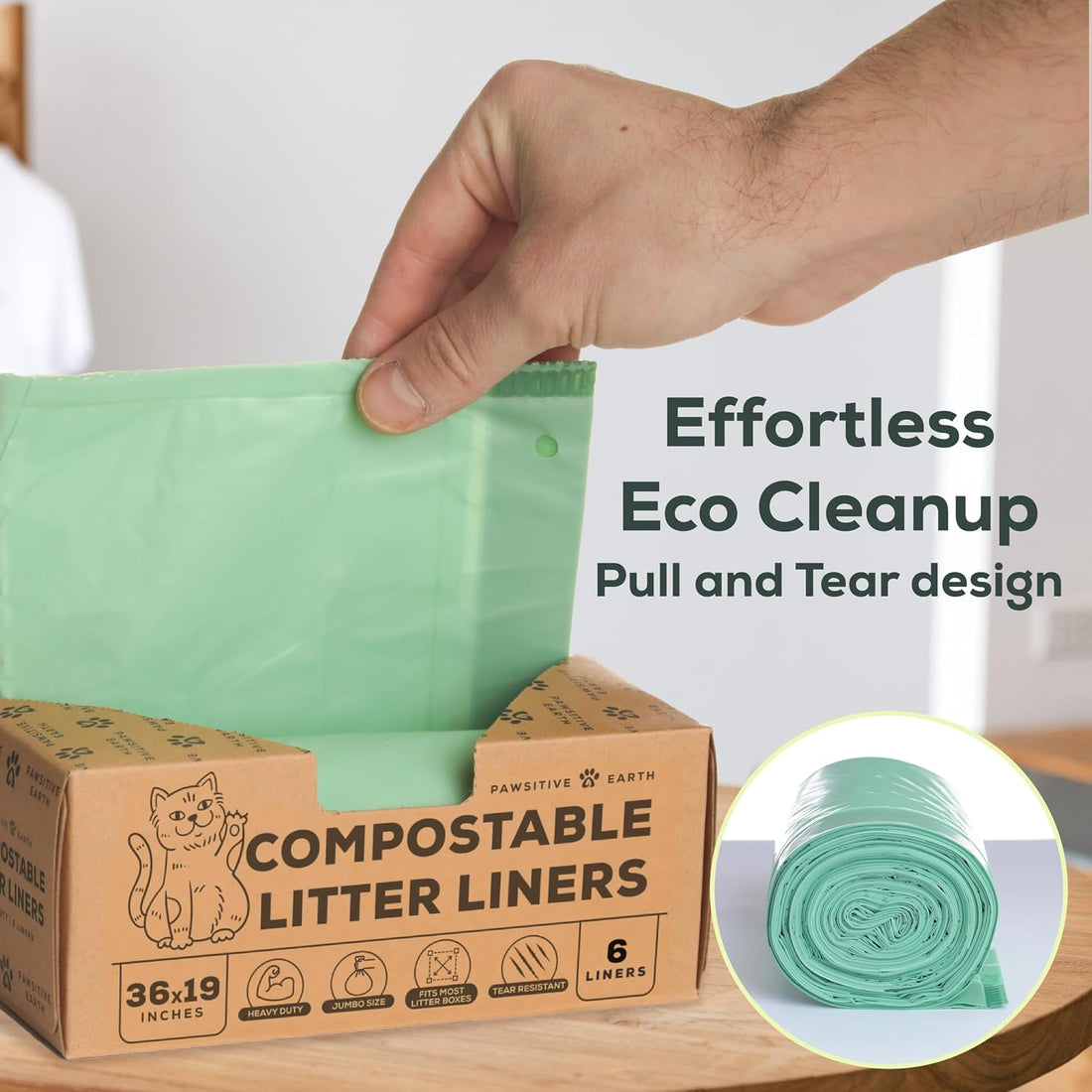 Cat Litter Box Liners 100% Compostable - Drawstring Close - 6 Count