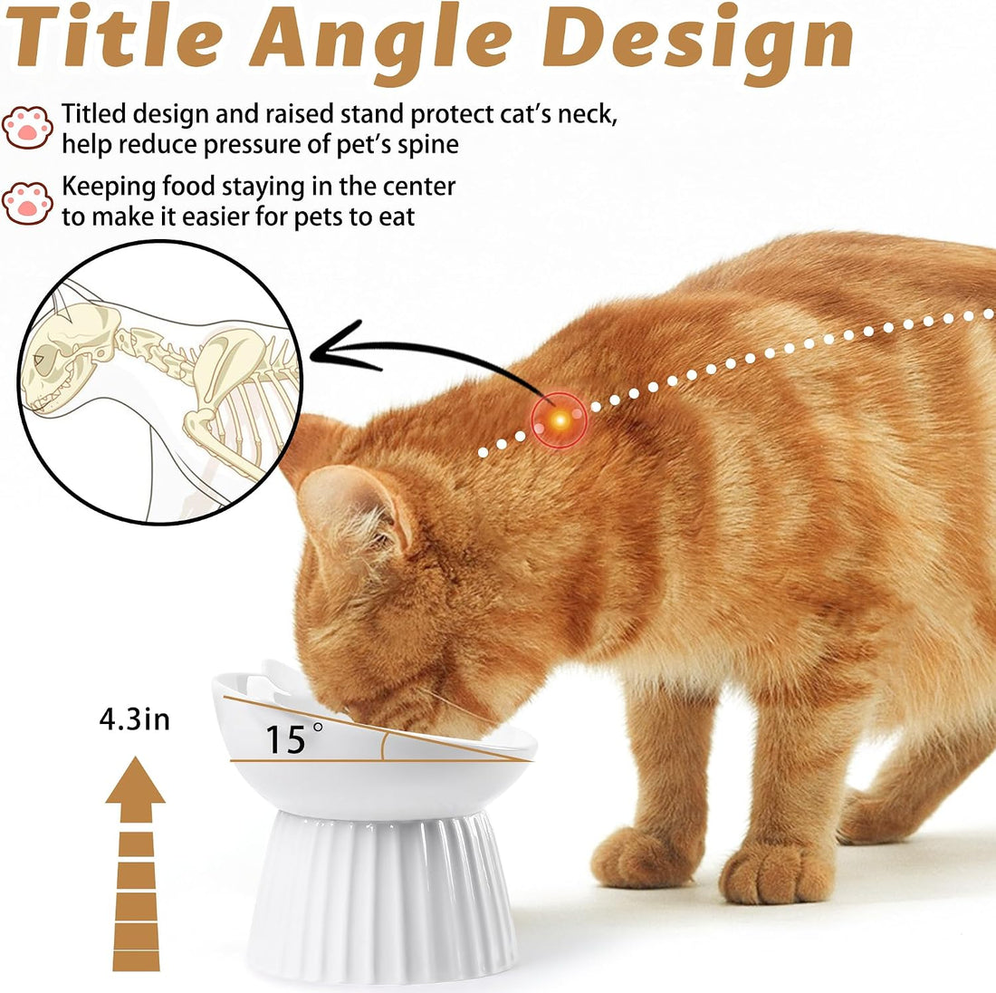 Wellbro Ceramic Raised Cat Bowl，Tilted Raised Cat Bowl Anti Vomit Cat