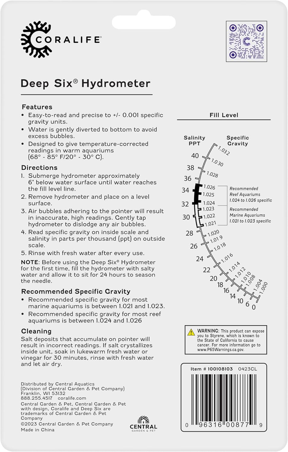 Coralife Deep Six Hydrometer for Aquarium Fish Tank Salinity