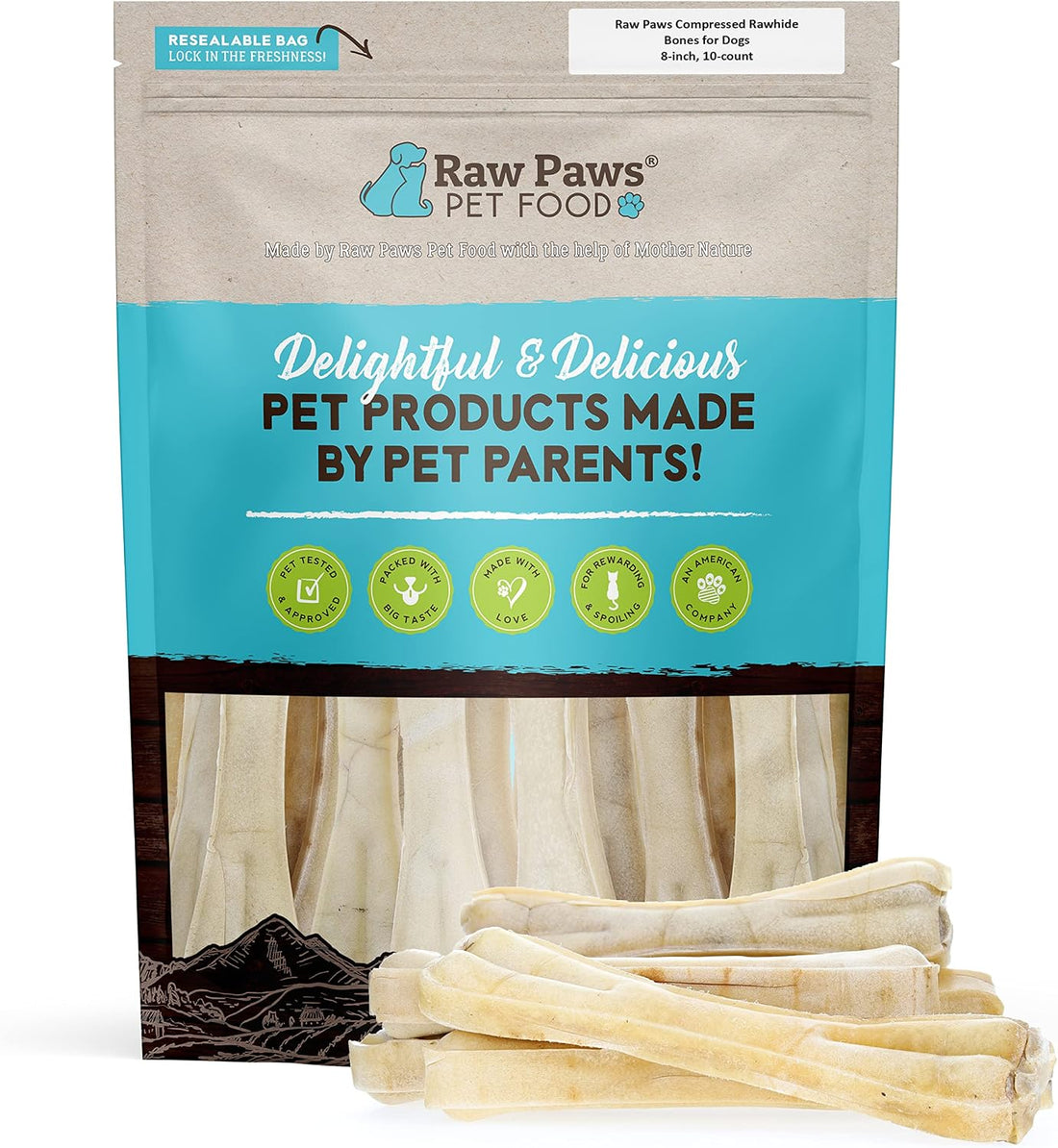 Raw Paws 8-Inch Compressed Rawhide Bones for Dogs, 10-Count