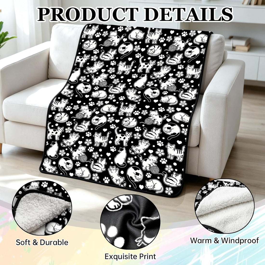 Cat Coloring Blanket for Women Men, DIY Blanket with Markers