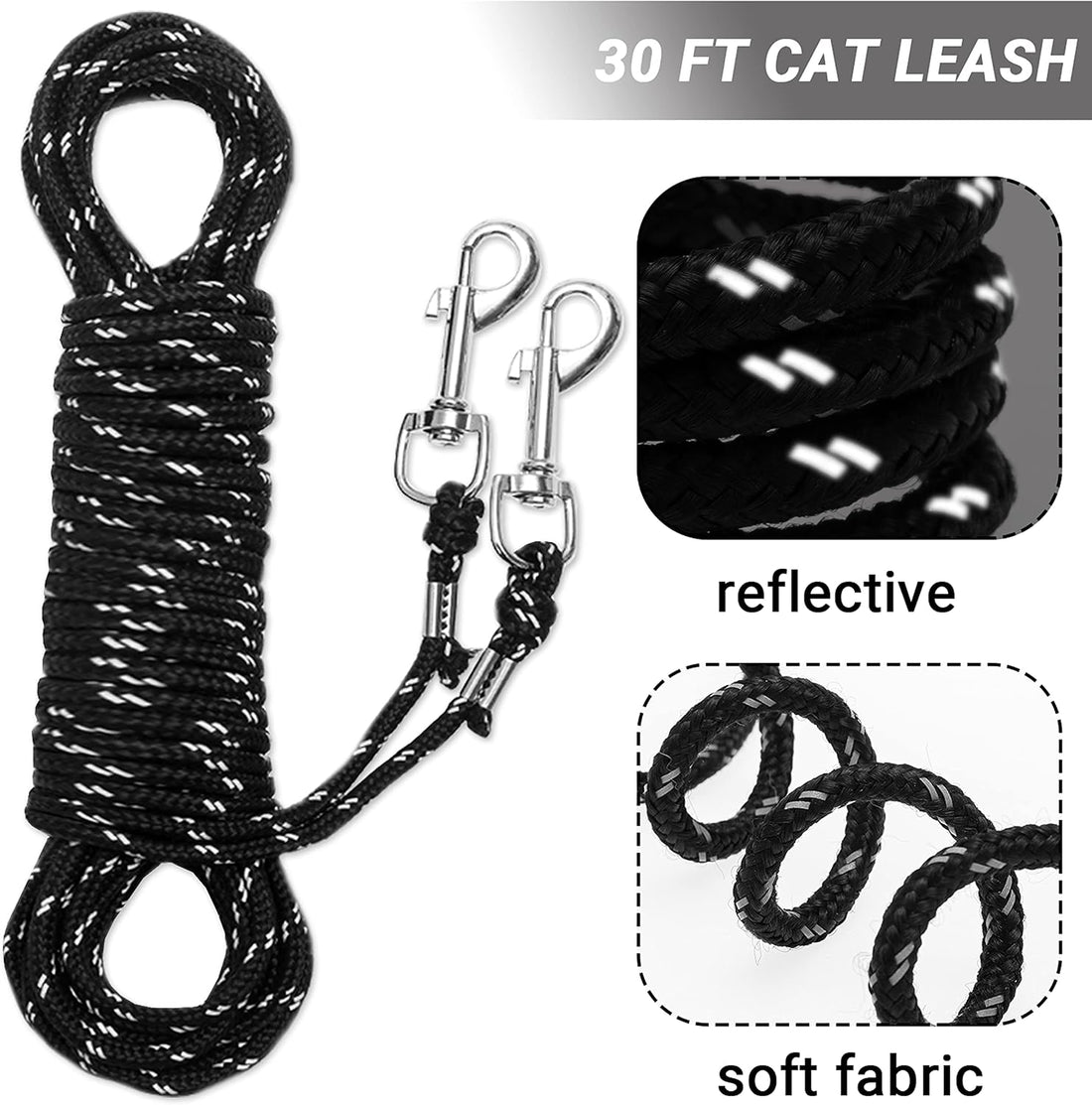 Cat Leash, 15 ft & 30 ft Reflective Long Pet Leash for Outdoor Use