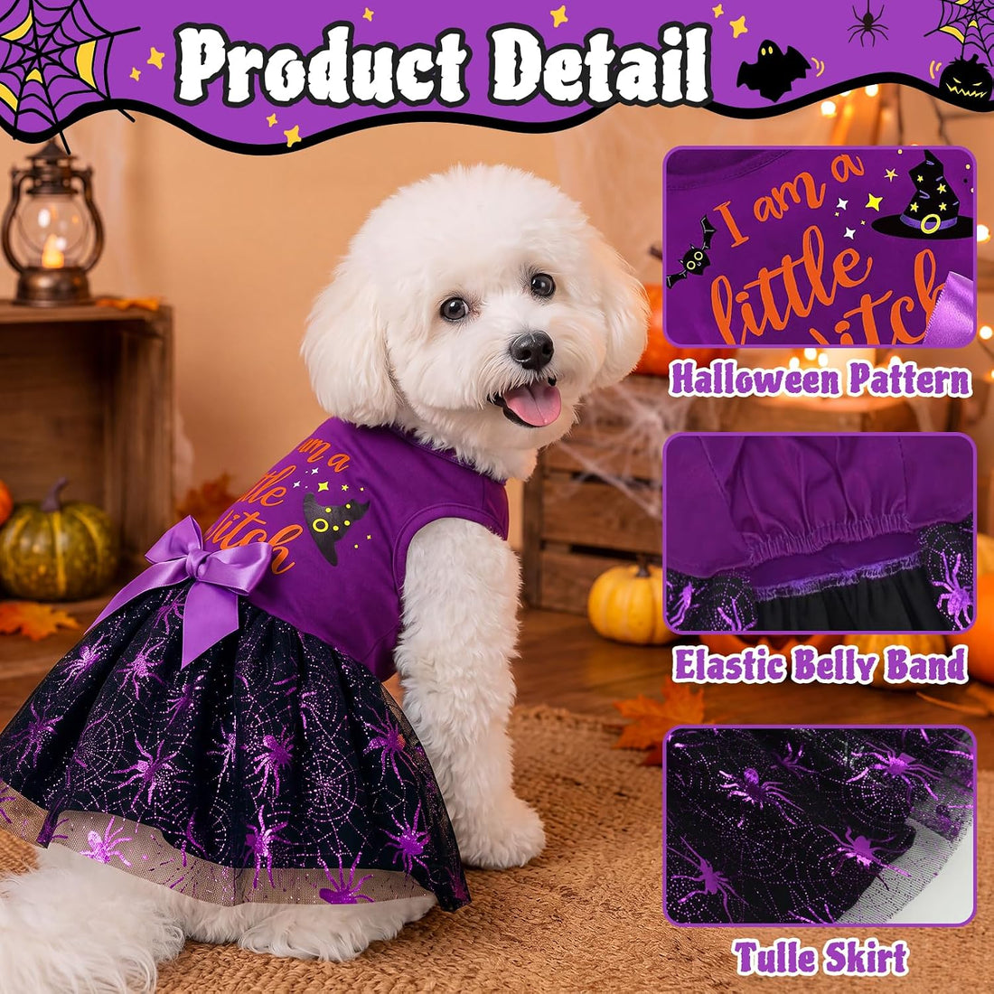 XPUDAC Halloween Dog Dress Witch Tulle Dress Holiday Dog Clothes