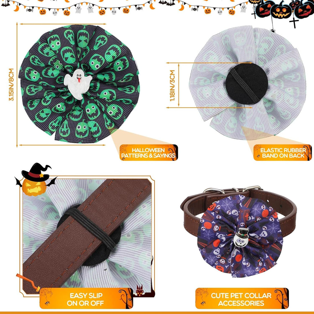 Sweetude 100 Pcs Halloween Dog Collar Flower Bows for Small Medium