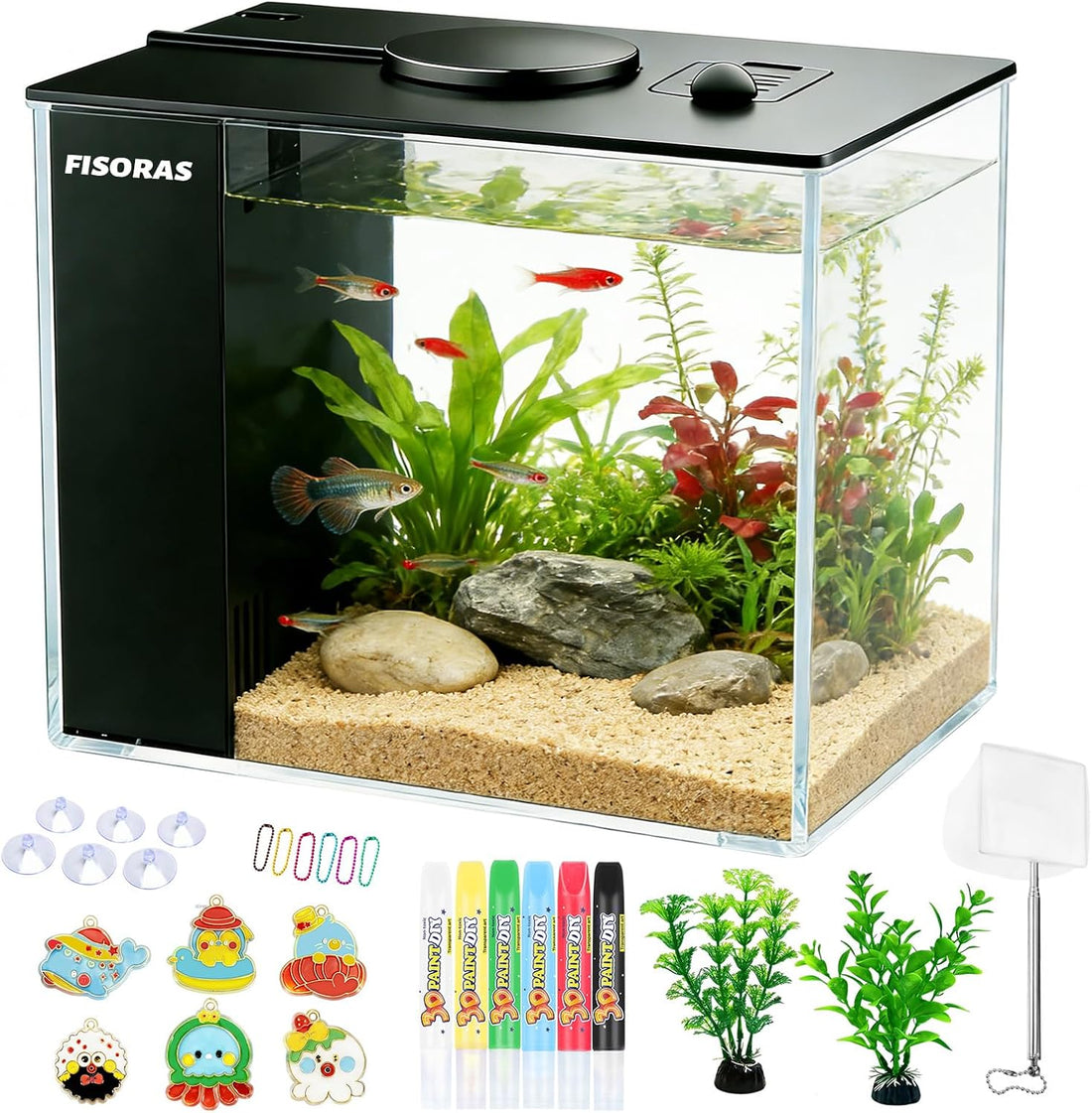 1Gal (3.7L) Small Aquarium Kit with Water Filter Pump and LED Light