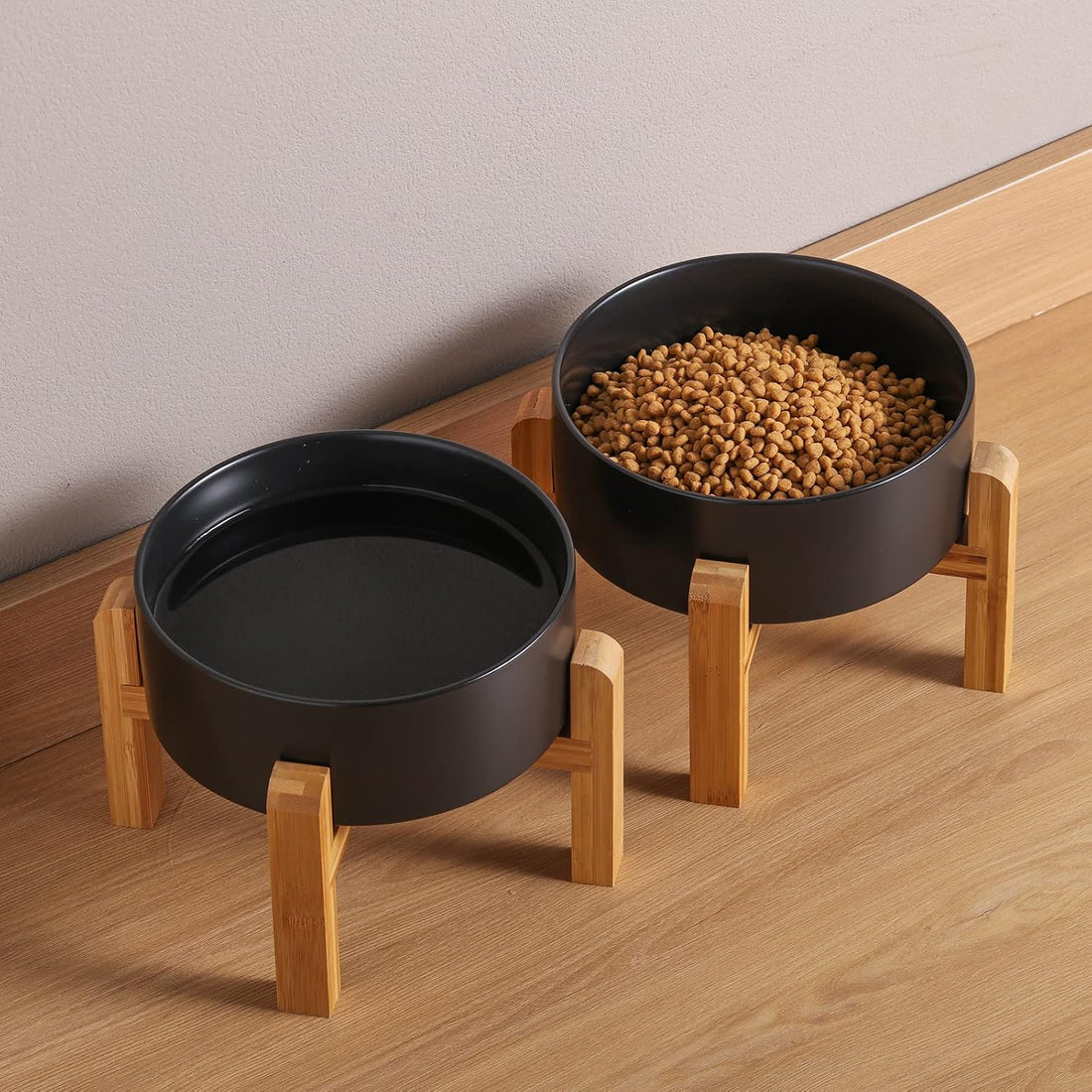 Addogyy Black Elevated/Raised Dog Bowl Ceramic with Wood Stand