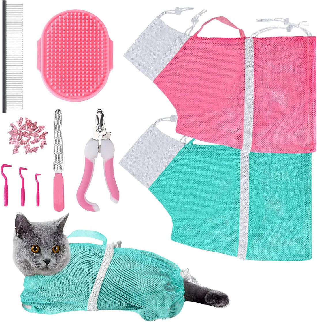 JULMELON 10 PCS Cat Washing Bag for Bath Shower Adjustable Net