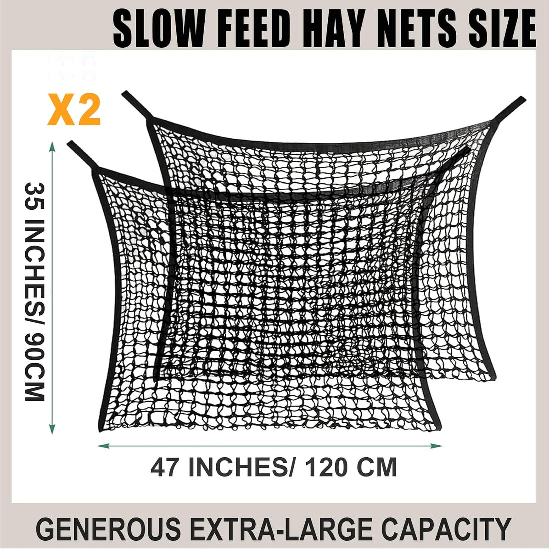 2PCS Slow Feed Hay Net for Horses, 1.5" Openings, Black, 35"x47"