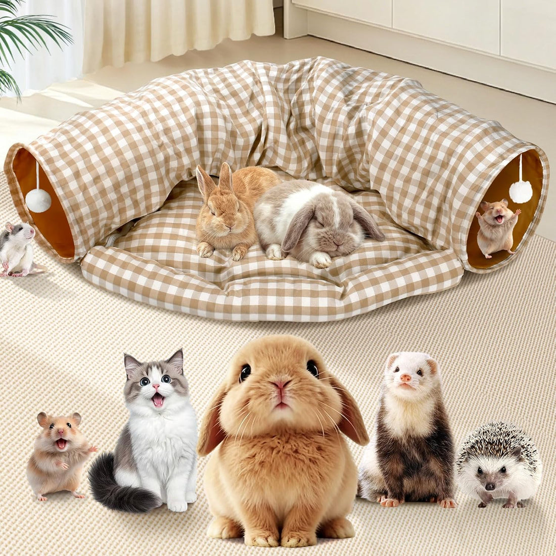 Spardar 2-in-1 Bunny Tunnel Bed, with Removable Mat Hideout