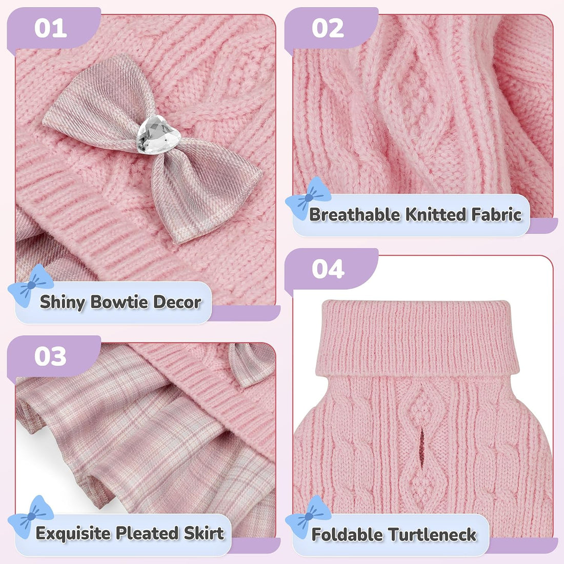 YUDODO Small Dog Sweater Dress with Bowtie Turtleneck Knitted Pet