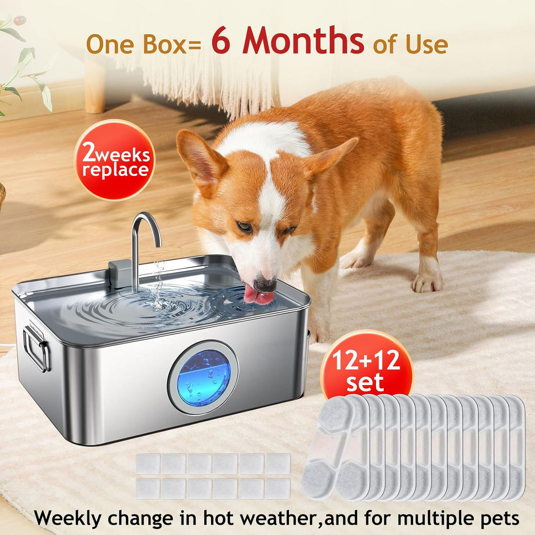 12 Pack Dog Fountain Filter Replacement for 3.2/4.2Gal Stainless Steel