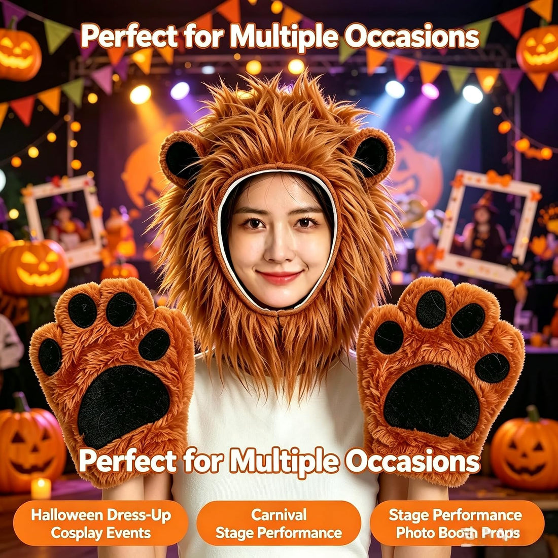 Lion Costume Accessory Set, Plush Lion Mane Hood with Paw Gloves