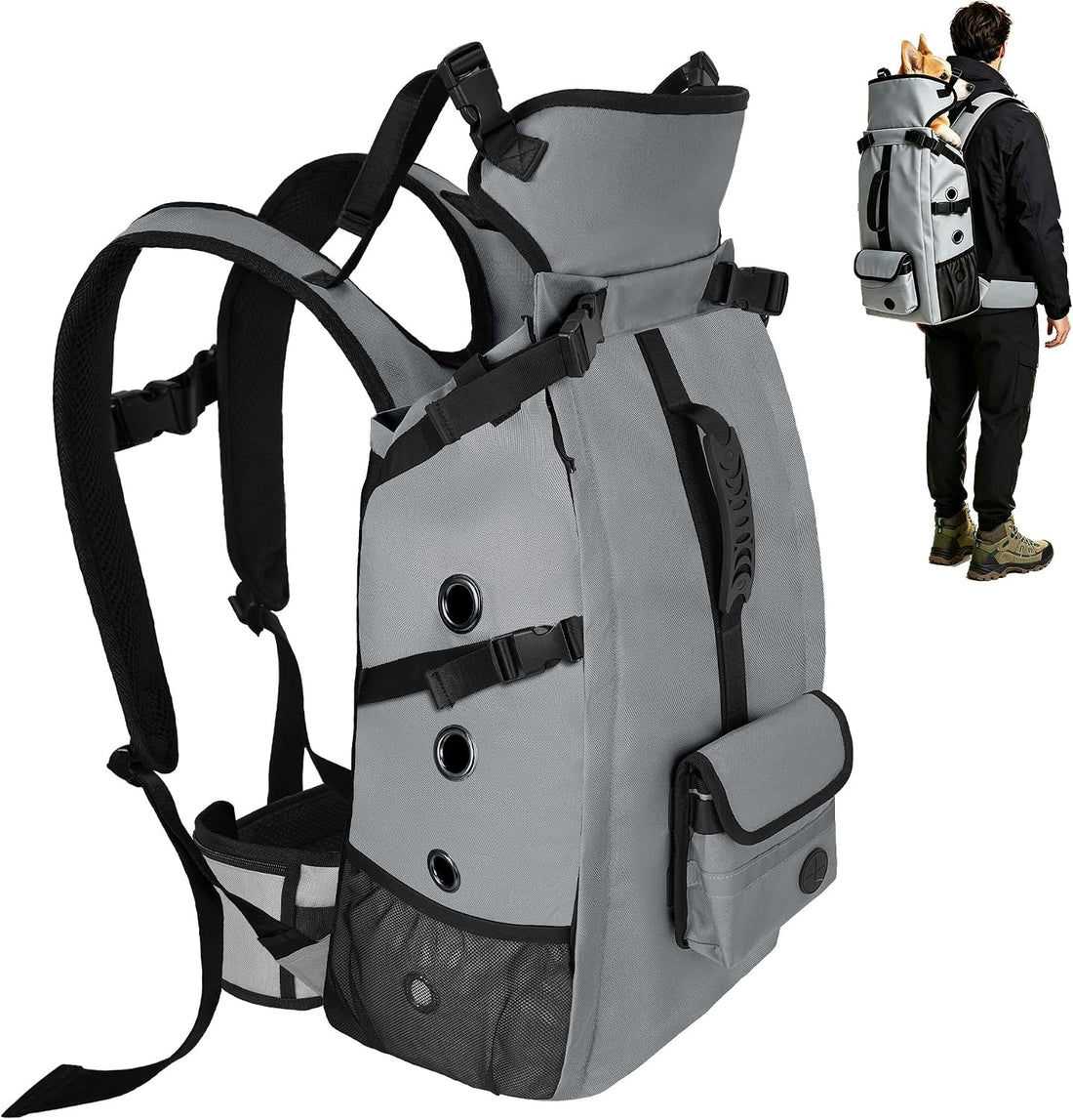 Breathable Dog Hiking Backpack Carrier for Large Dogs, Grey