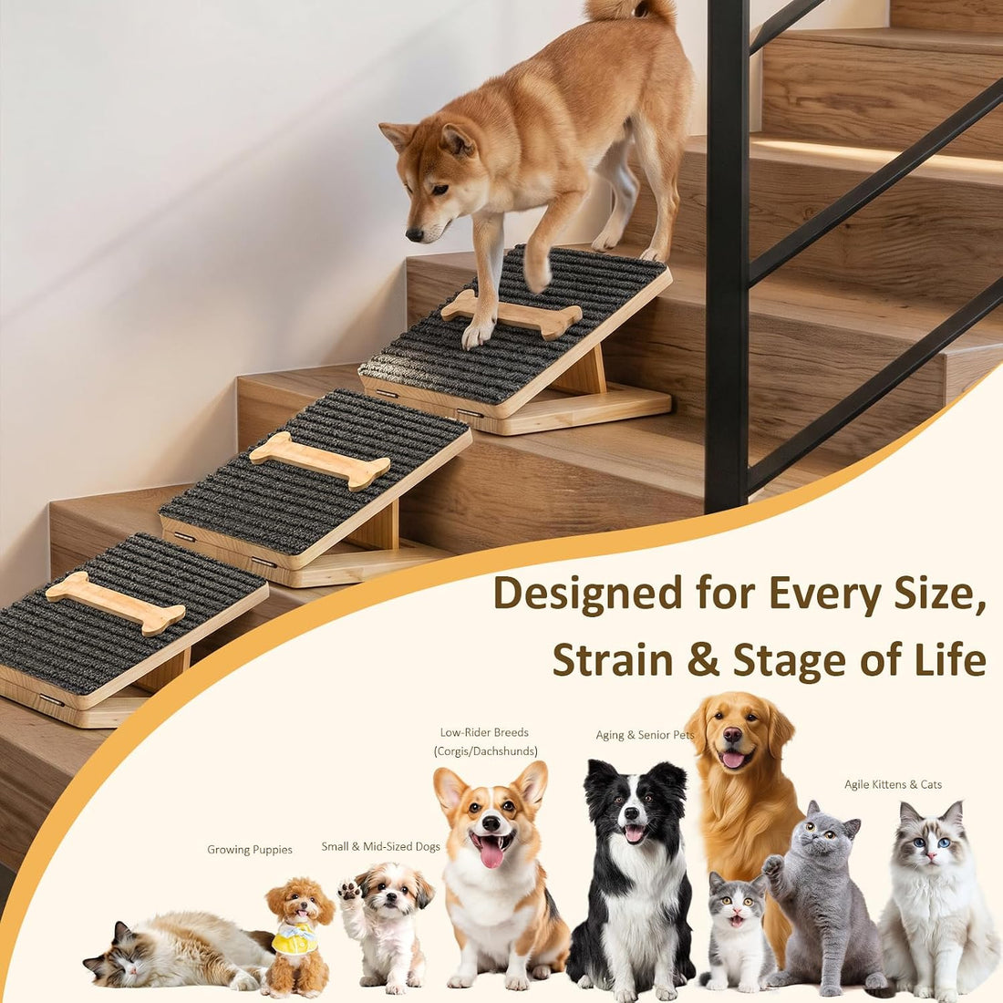 Dog Ramp for Stairs,2 Pack Adjustable Foldable Wooden Pet Steps