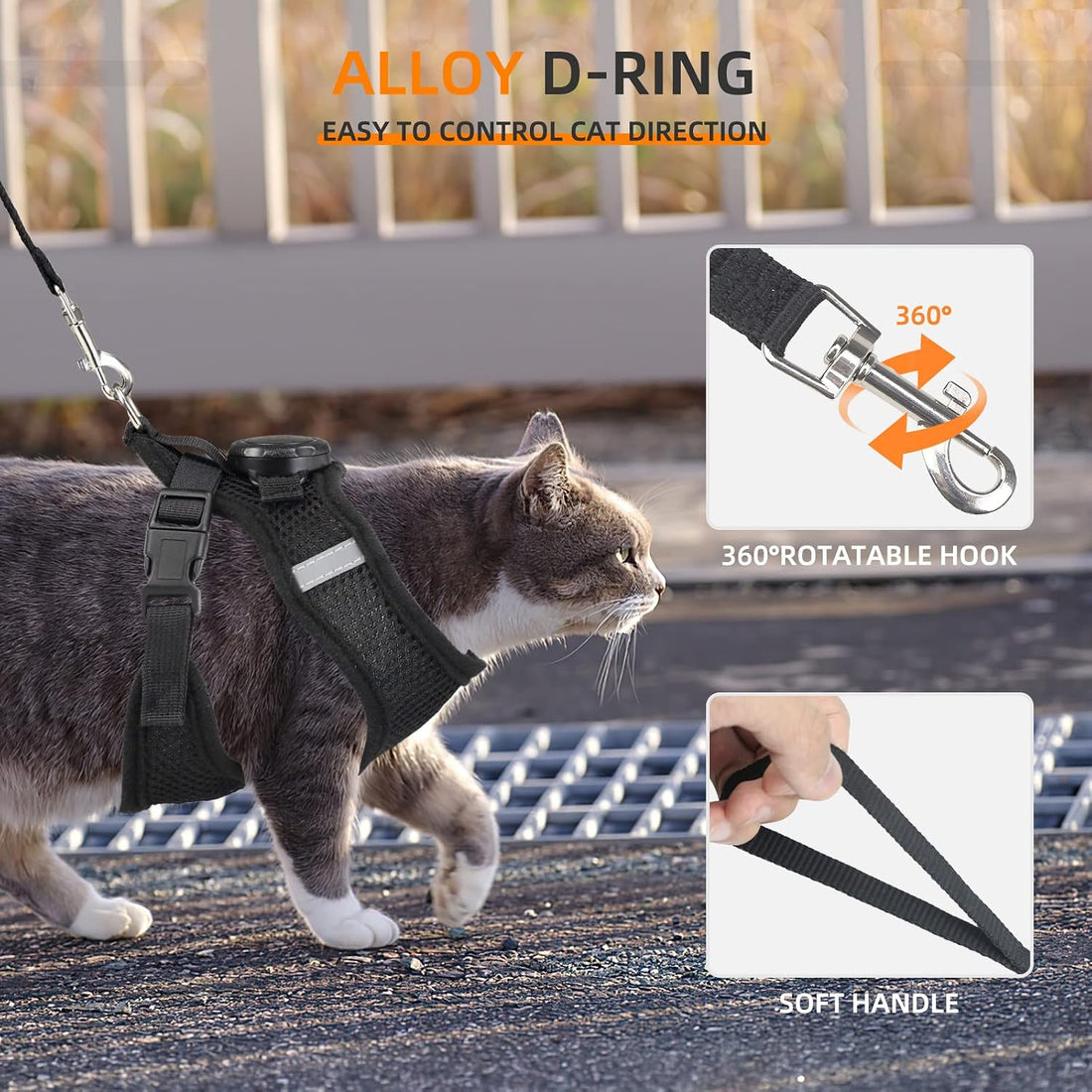 Waterproof AirTag Cat Harness & Leash, Escape Proof Vest (Black, M)