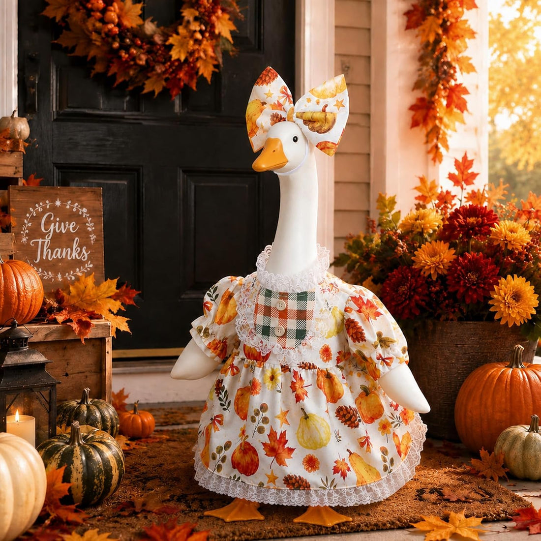 hoyuwak Fall Porch Goose Outfit Autumn Maple Leaf Goose Dress with Bow