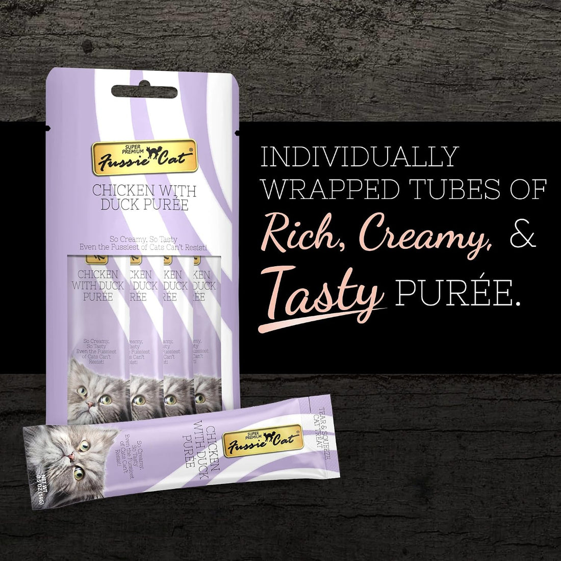 Fussie Cat Chicken & Duck Puree, Lickable Cat Treats, 0.5oz x4