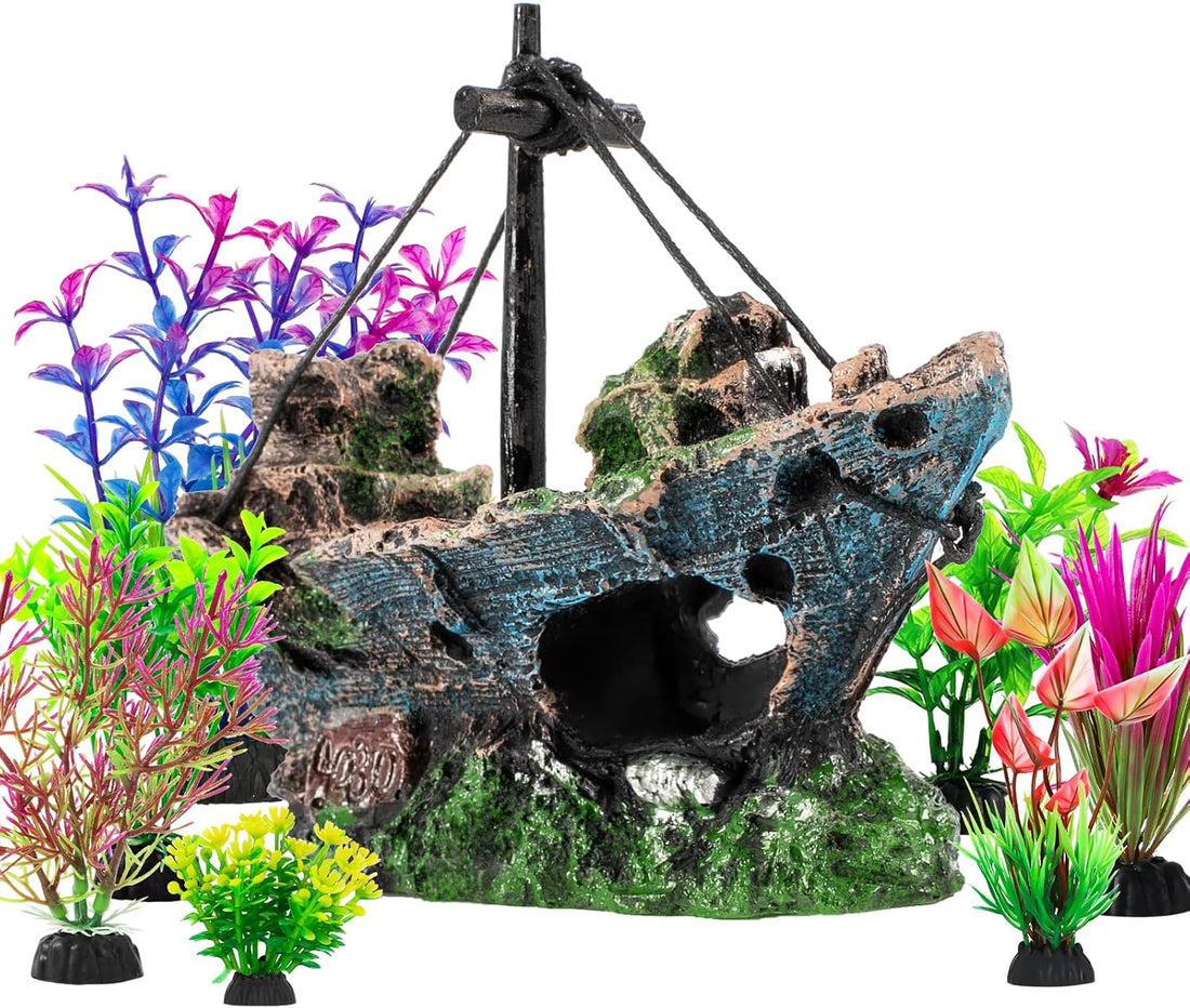 8Pcs Fish Tank Decorations Set Sunken Ship Decoration,Resin Material