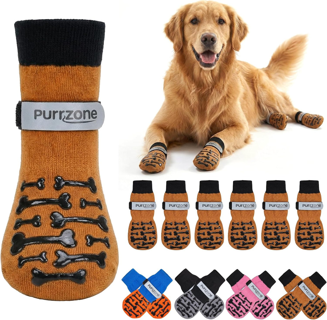Non-Slip Dog Socks with Bone Paw Grips, 6 Pairs, Grey, L