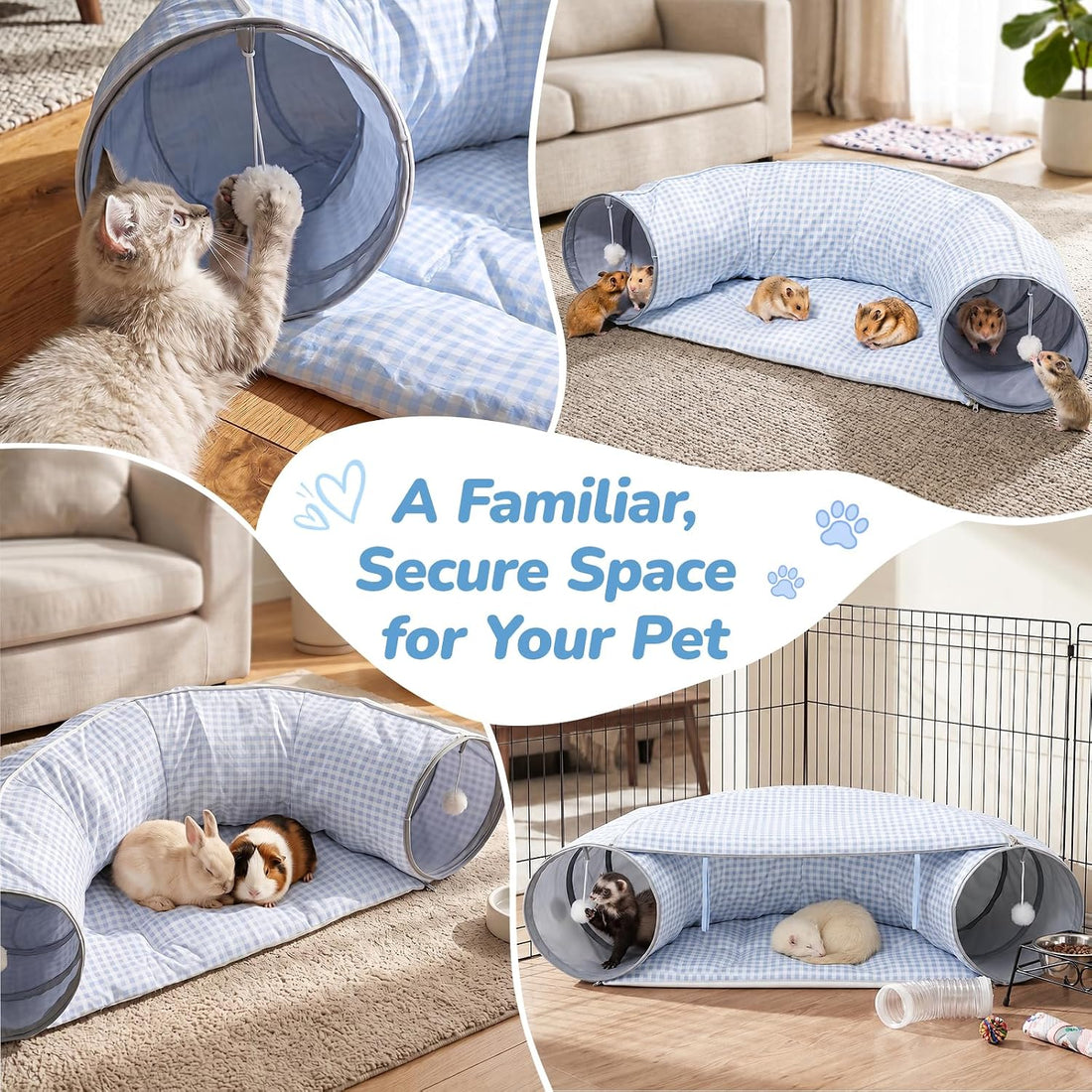 Bunny Tunnel Bed, 2-in-1 Collapsible Rabbit Guinea Pig Hideout
