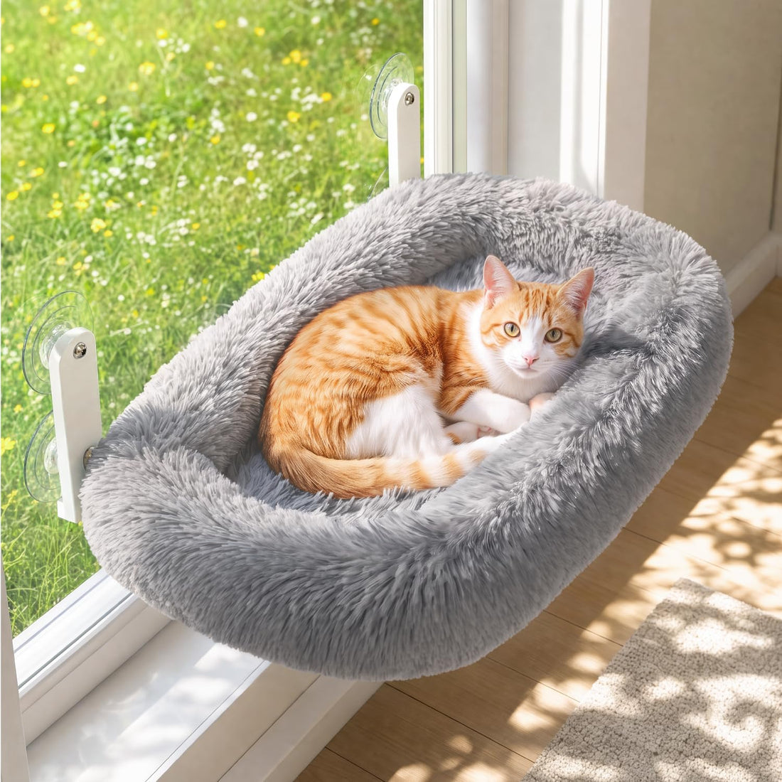 Zakkart Calming Foldable Cat Window Perch, Fluffy Long-Plush Bed