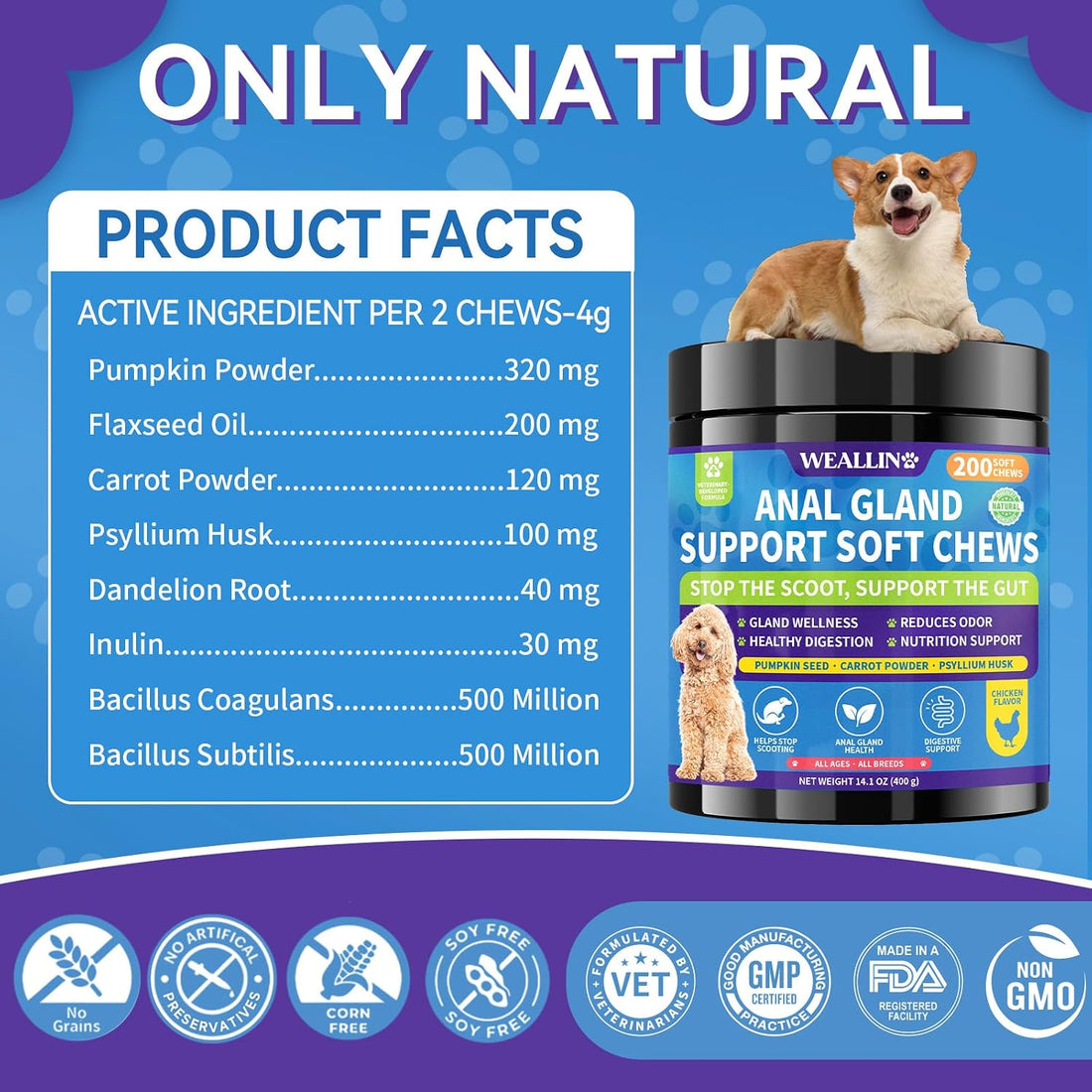 Anal Gland Chews for Dogs, No Scoot for Dogs, Pumpkin Fiber