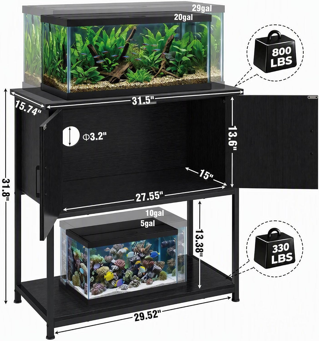20/29/30 Gallon Fish Tank Stand with Cabinet 800LBS Capacity
