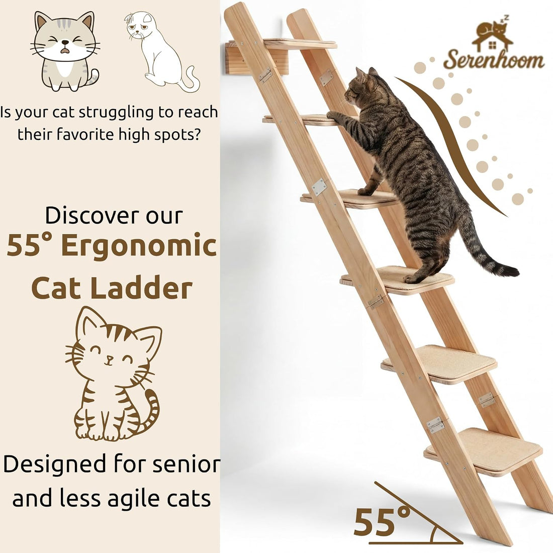 65" Tall 6-Level Cat Ladder for Window & wall