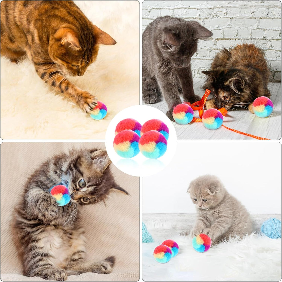 KALIONE 30 Pcs Soft Plush Cat Ball 1.2-inch Rainbow Cat Toy Balls