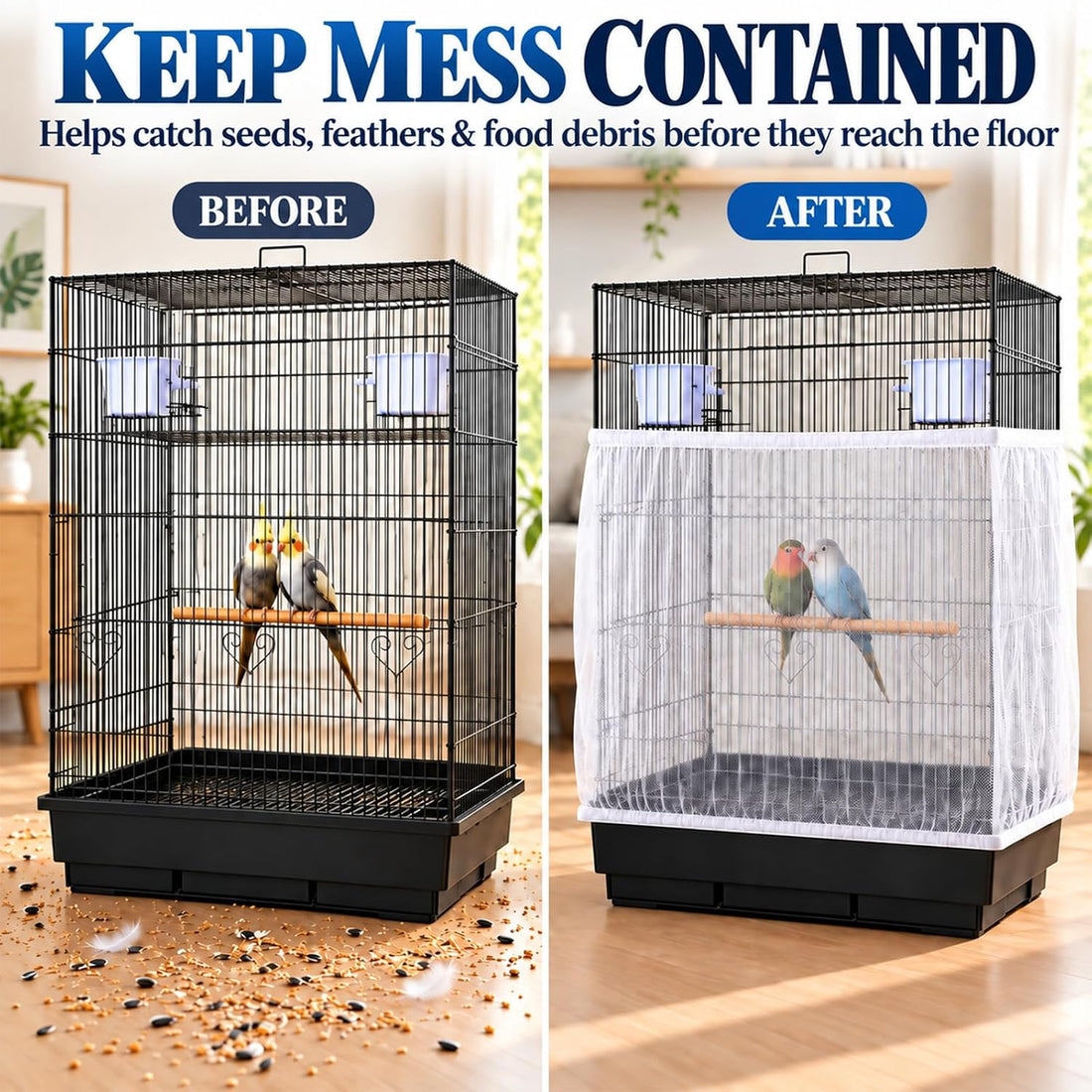 Bird Cage Seed Catcher, 2 Pcs Adjustable Bird Cage Nets for Less