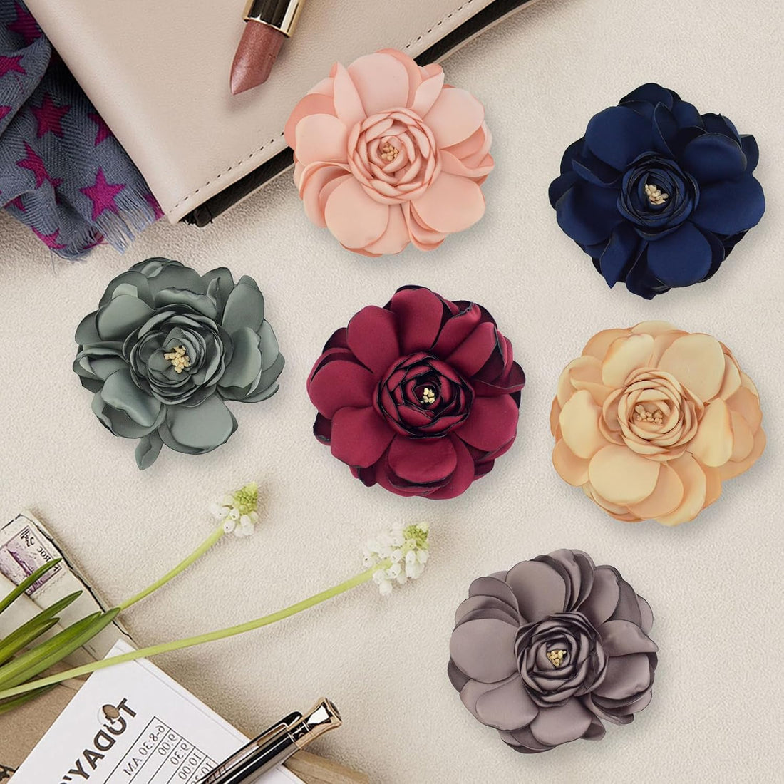6 Pcs Dog Collar Accessories Slide-On Satin Flower Charms