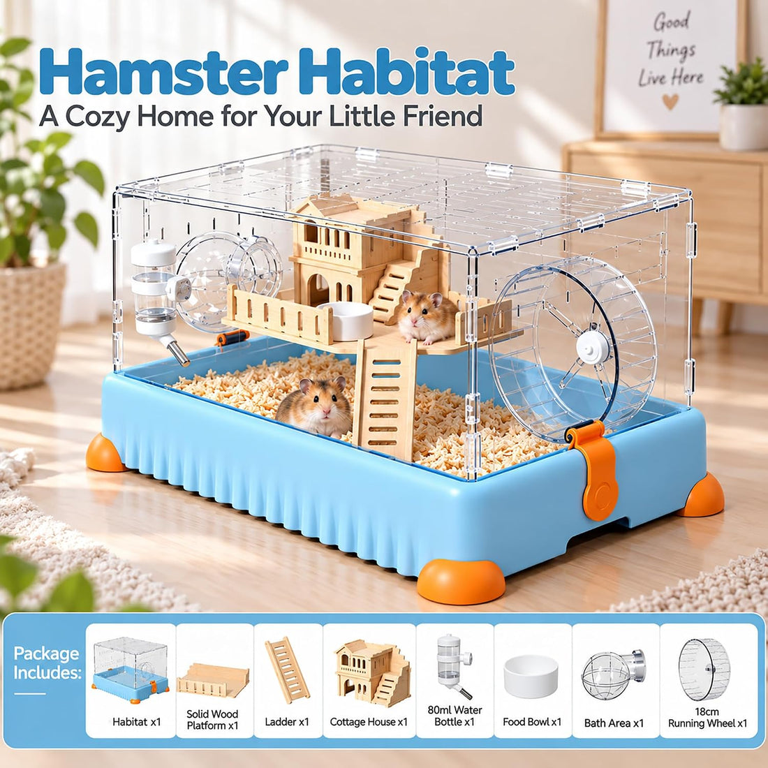 8 in 1 Acrylic Hamster Cage,2 Tier Dwarf Hamster Cage with 360°