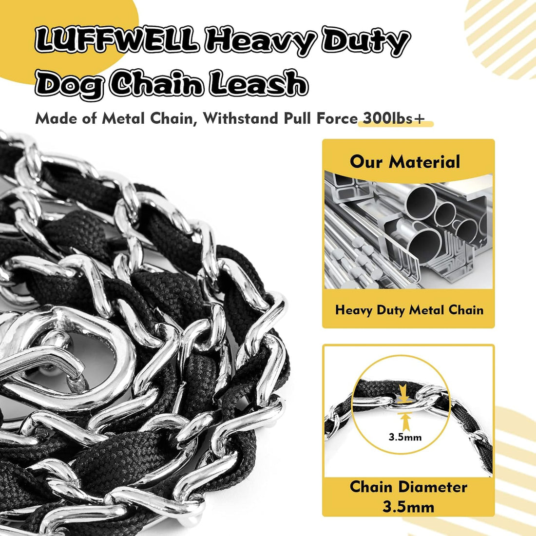 LUFFWELL Heavy Duty Metal Dog Chain Leash with Comfortable PU Leather