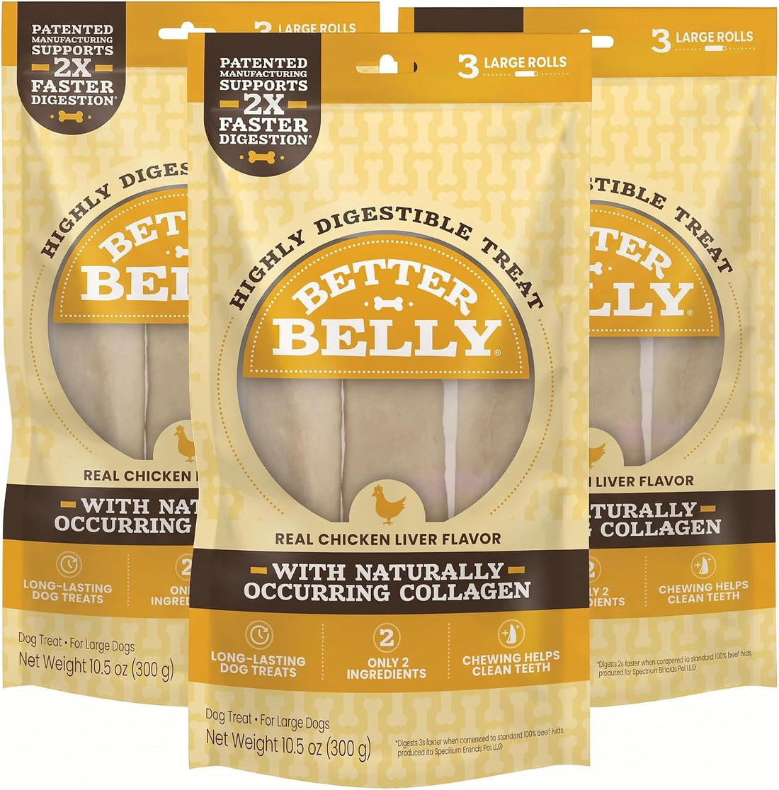 Better Belly Highly Digestible Rawhide Large Roll Chews, 3 Count