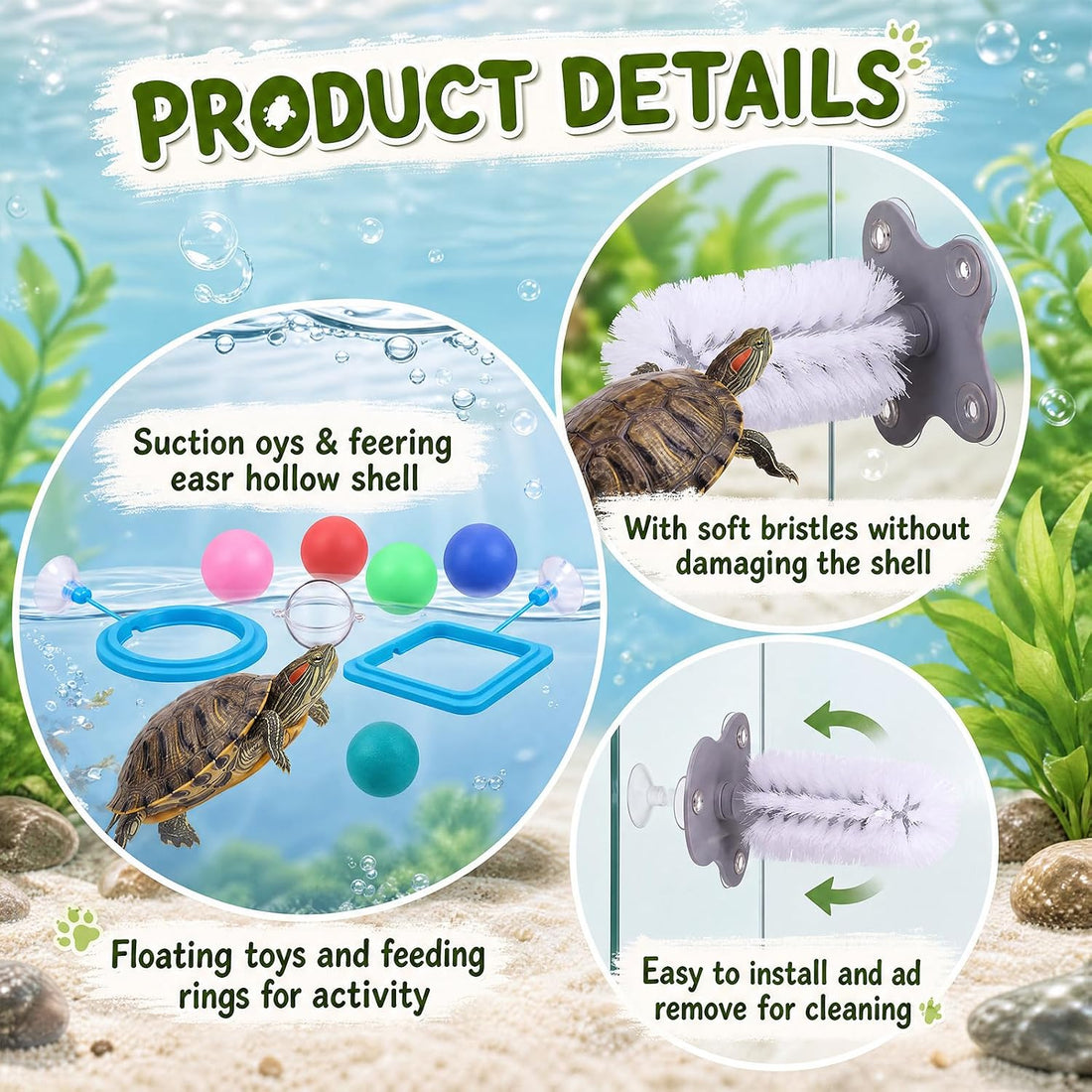 Sosation 11 Pcs Turtle Tank Accessories Turtle Brush Toy Cleaner