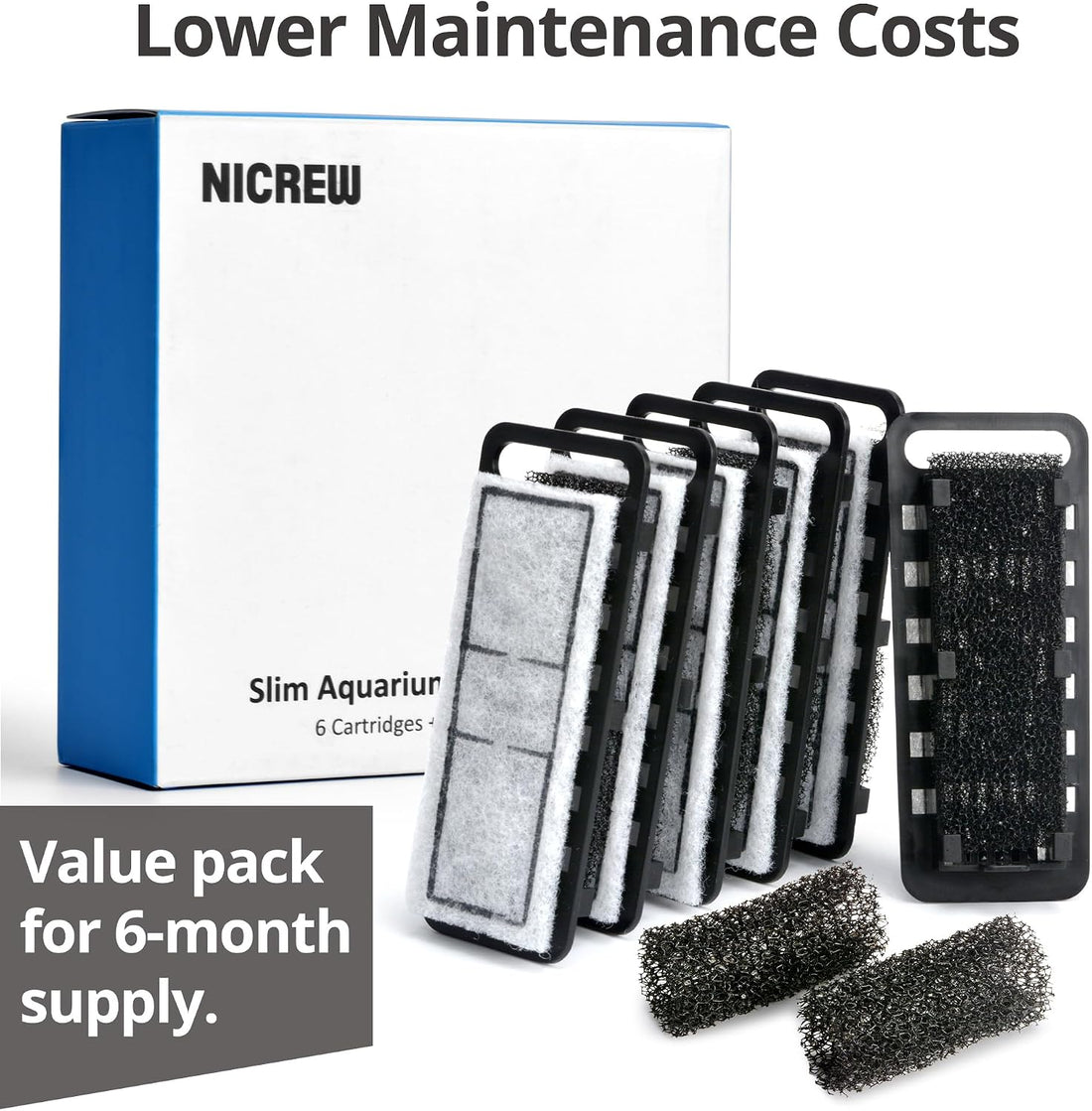 NICREW Slim Aquarium Filter Cartridges, 6 Count with 2 Intake Sponges