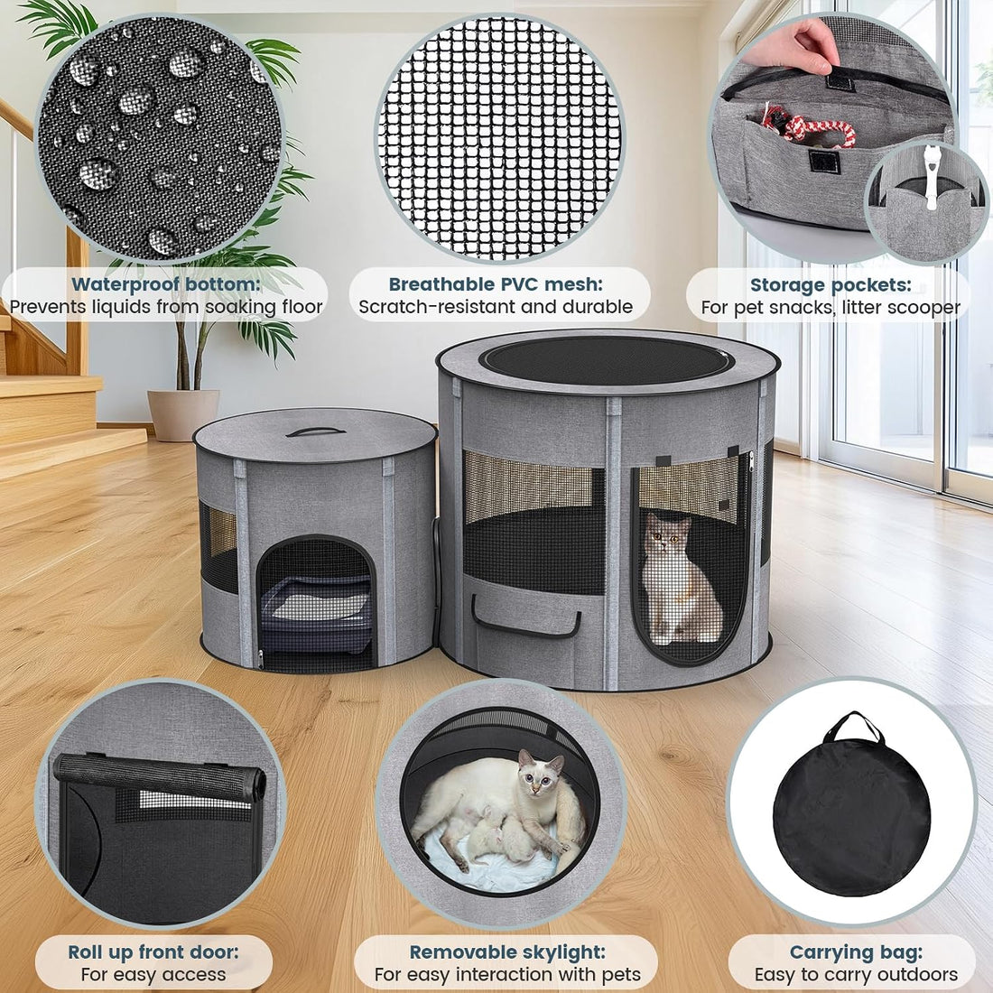 Portable Cat Playpen with Tunnel, 3 in 1 Foldable Puppy Play Pen