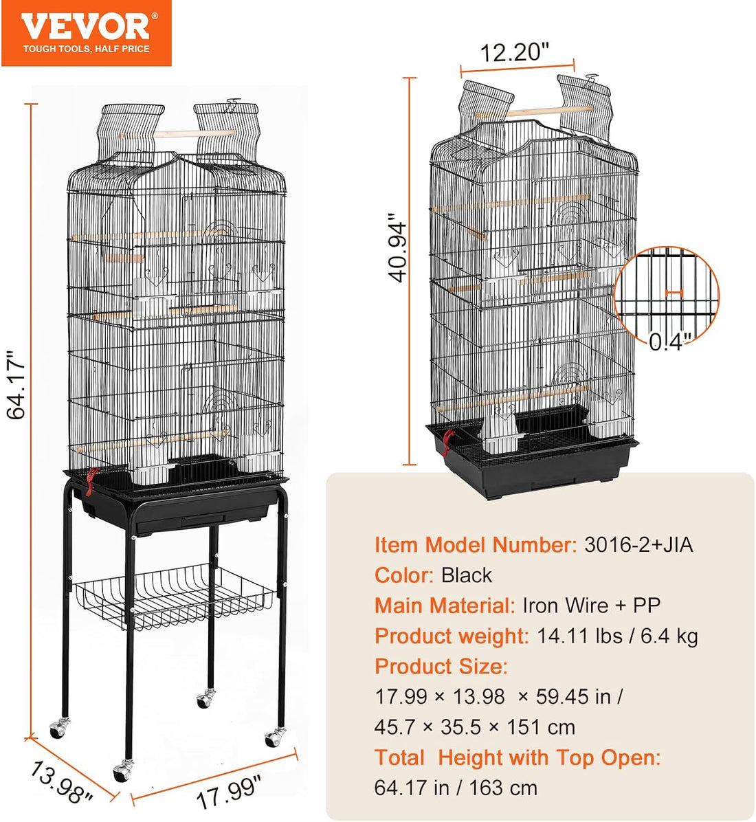 VEVOR 64-inch Open Top Large Parrot Bird Cage with Detachable Rolling