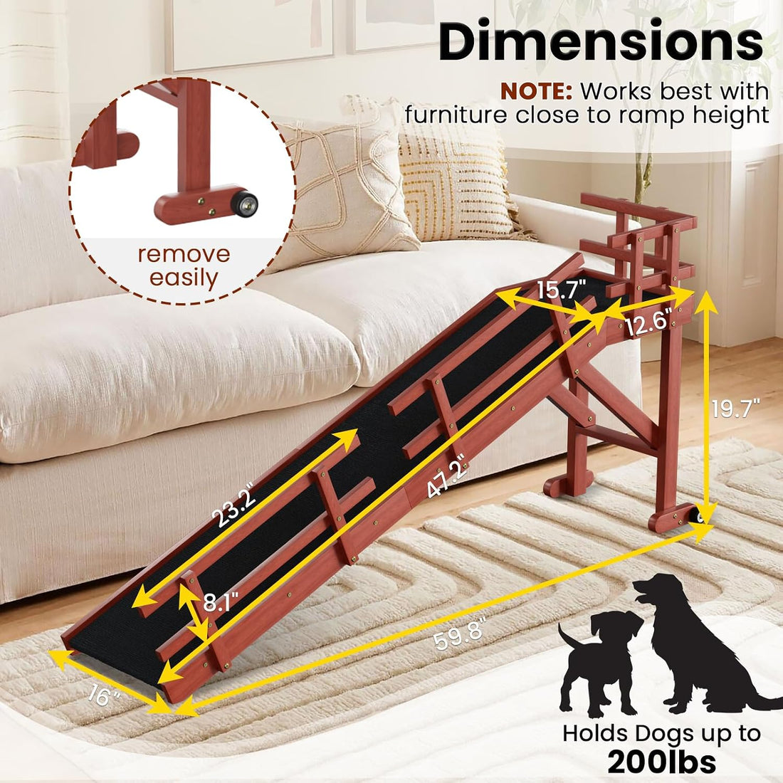 whiffee 60" Dog Ramp for Bed & Couch with Top Rest Platform & Wheels