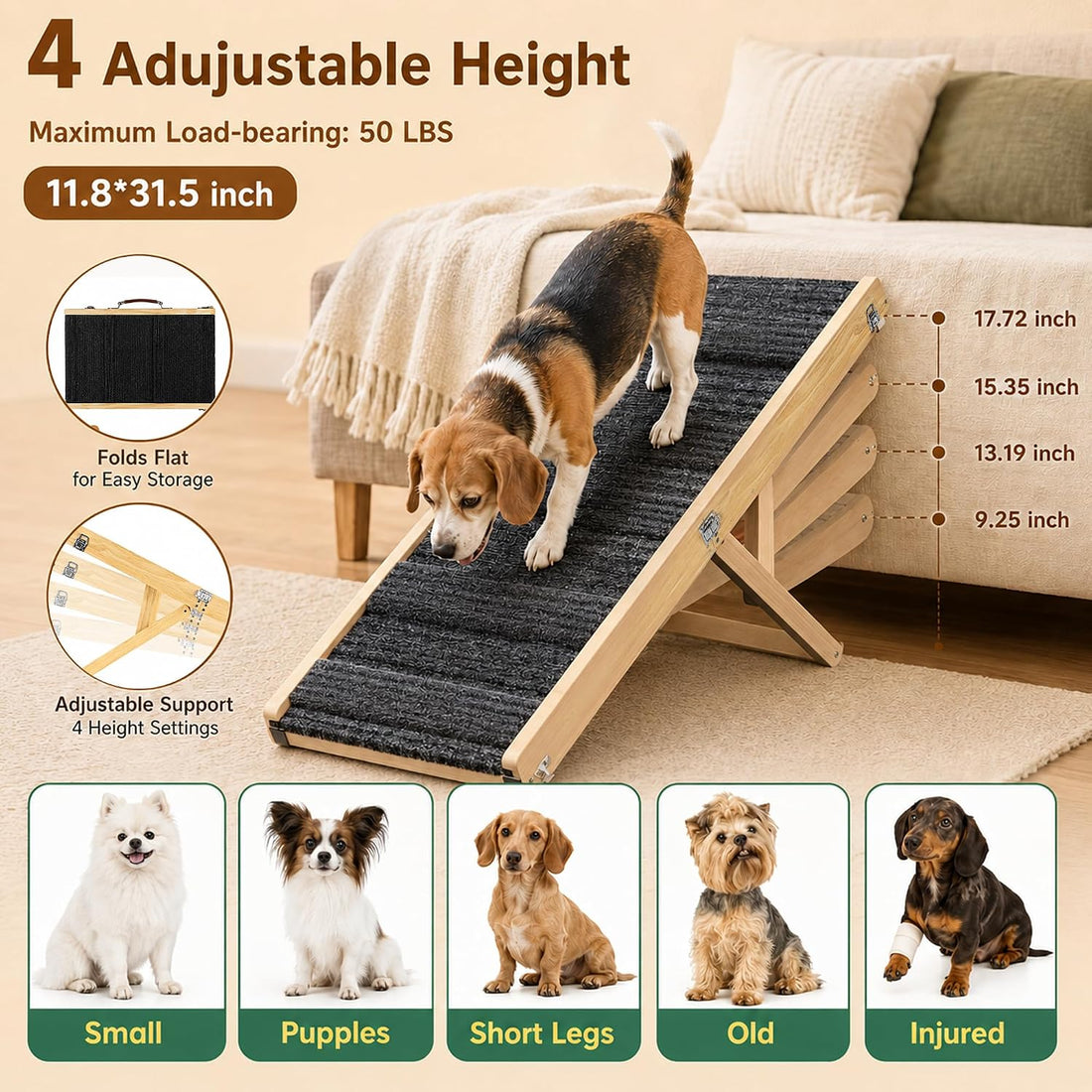 Dog Ramp for Small Dog/Bed/Couch, Foldable & Adjustable Dog Stairs
