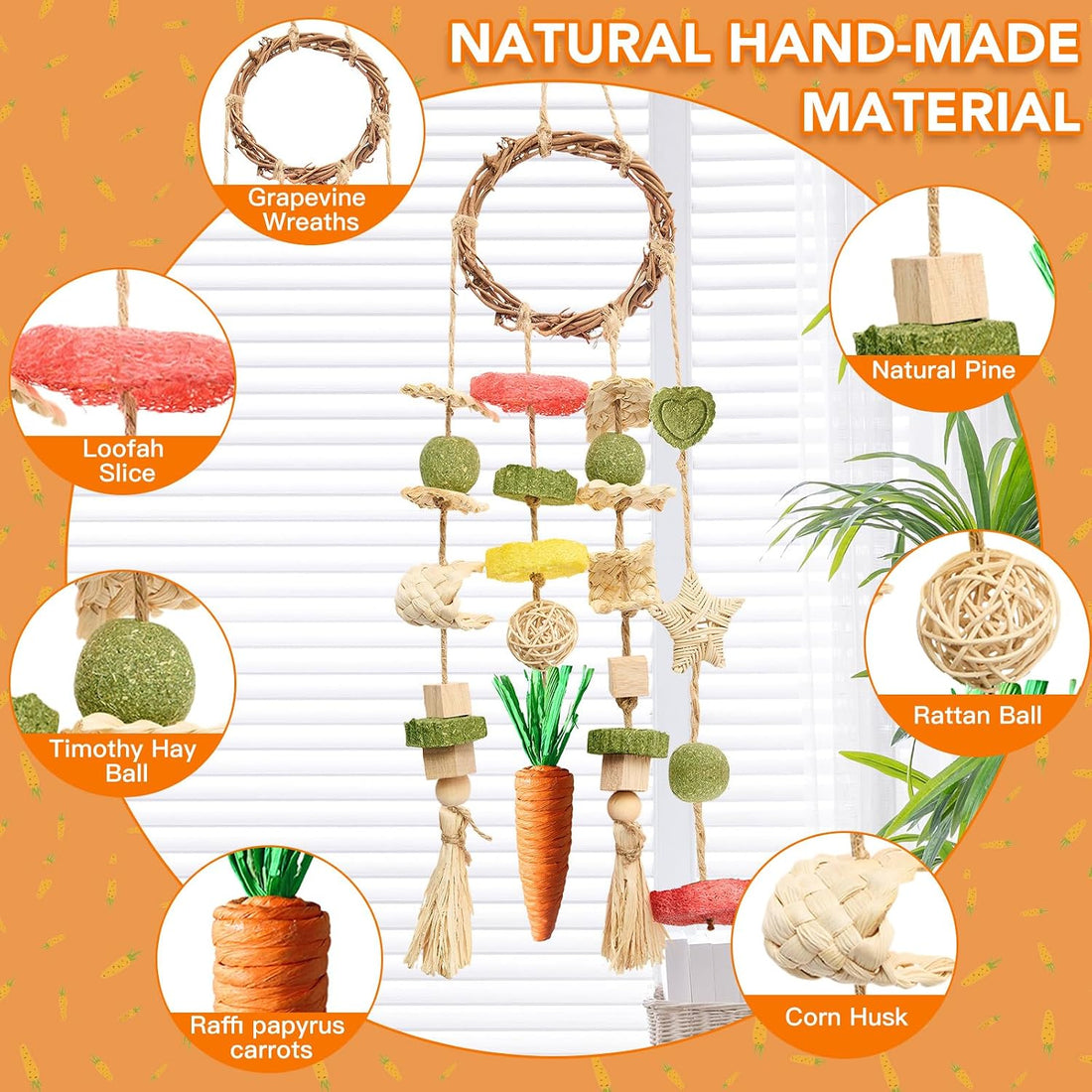 Jorewood Rabbit Chew Toys Bunny Cage Hanging Toy and Treats Rattan