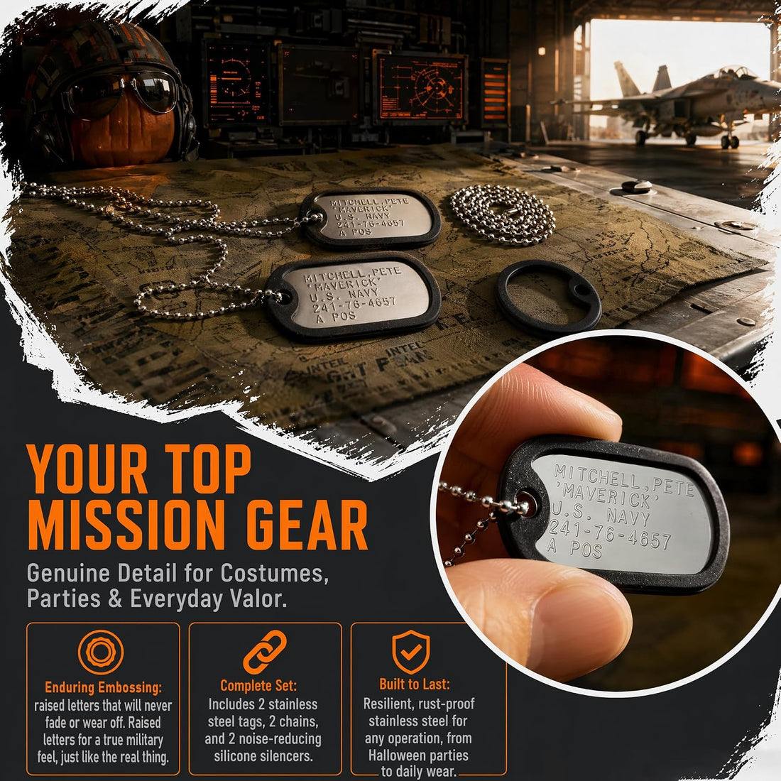 Stainless Steel Military Dog Tag Set with Chains and Silencers