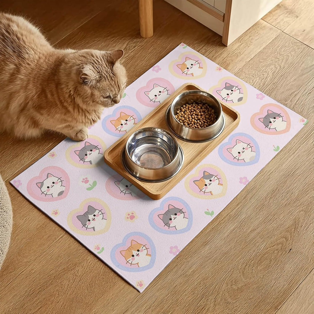 HOMETITUTE Cat Feeding Mat Pink Heart Kitten Bowl Placemat 20 x 12