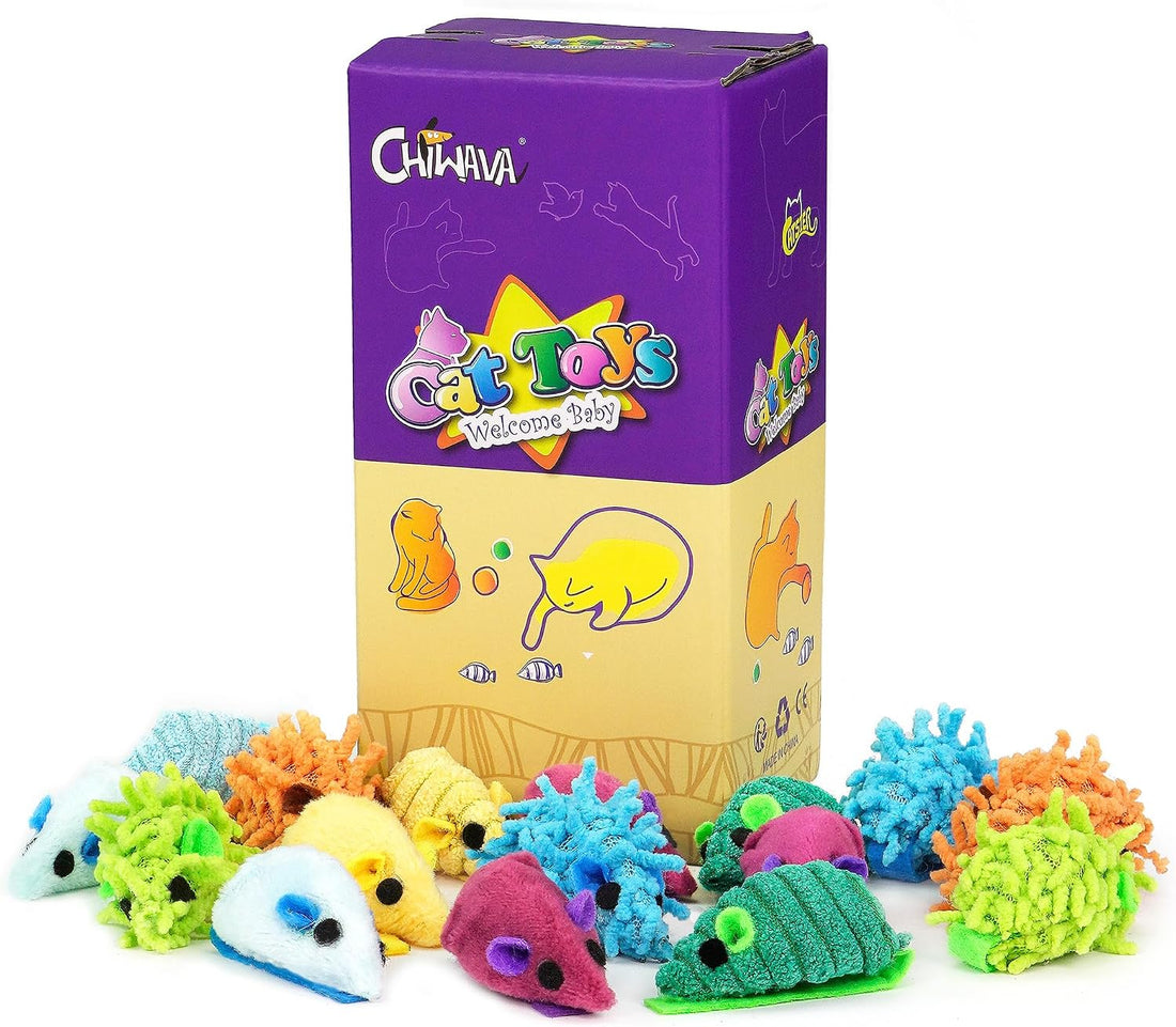 CHIWAVA 27PCS 2" Striped Shaggy Cat Toy Mice with Rattle Assorted
