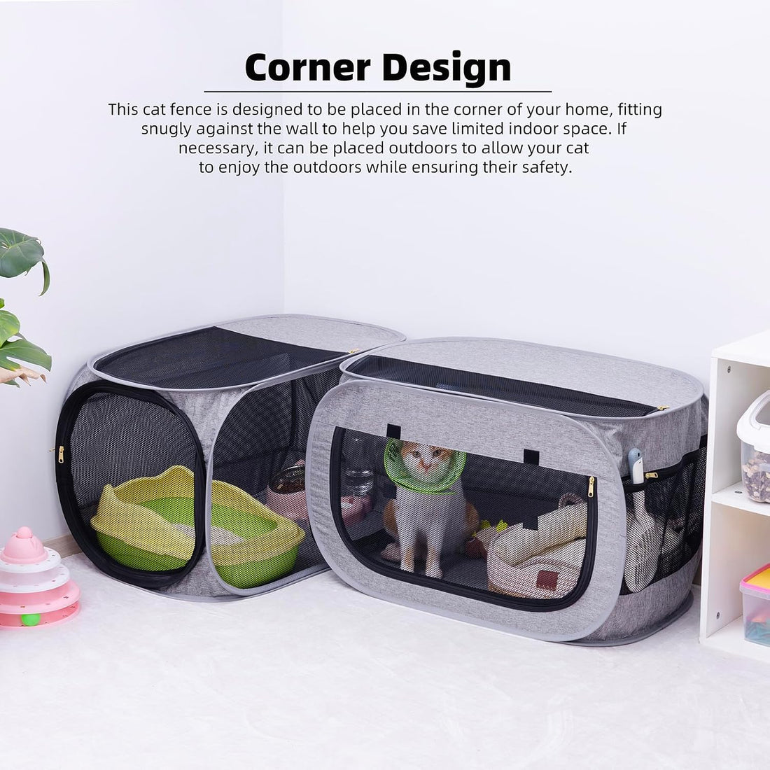 NAFU Corner Cat Playpen with Litter Box Compartment for Indoor Use