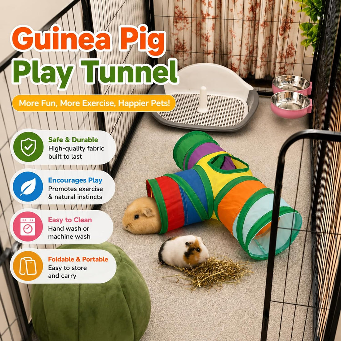 Rypet Guinea Pig Tunnel Hideout 3-Way Collapsible Small Pet Tubes