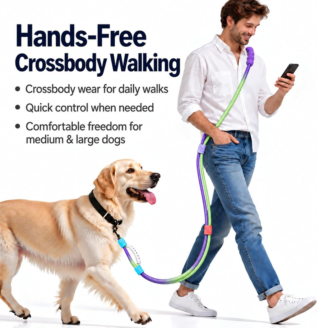 Hands Free Dog Leash, Double Handle Leash 5.5FT Purple-Green