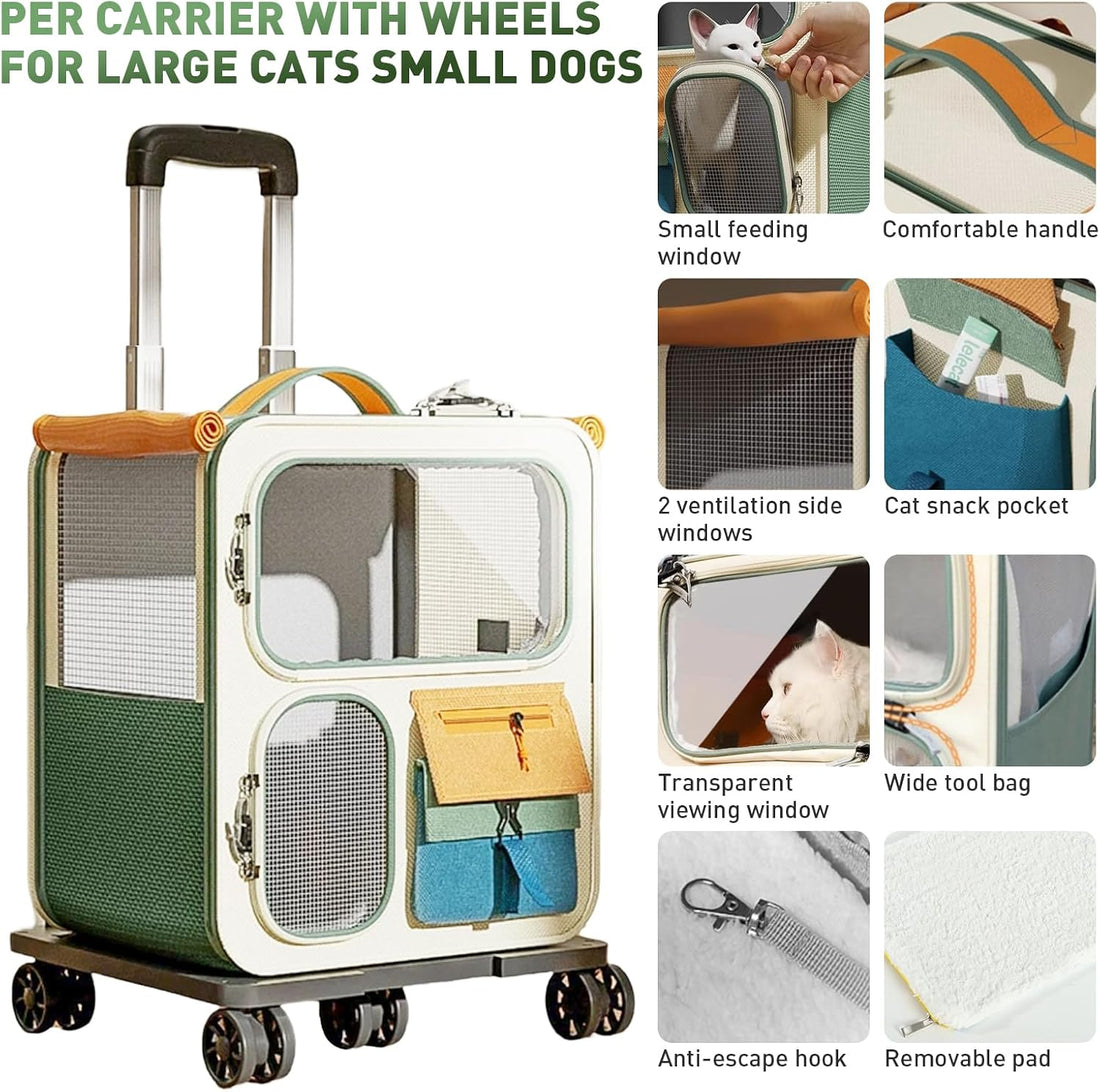 Cat Carrier with Wheels, Folding Rolling Pets Carrier on Wheel Soft