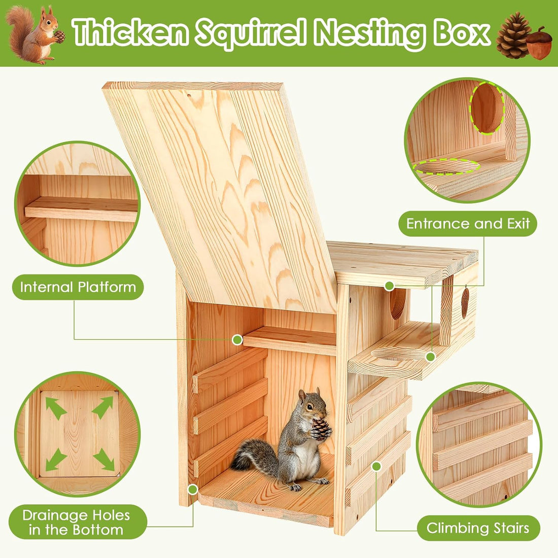 Squirrel House for Outside with Predator Guard,16.5" Squirrel Nesting
