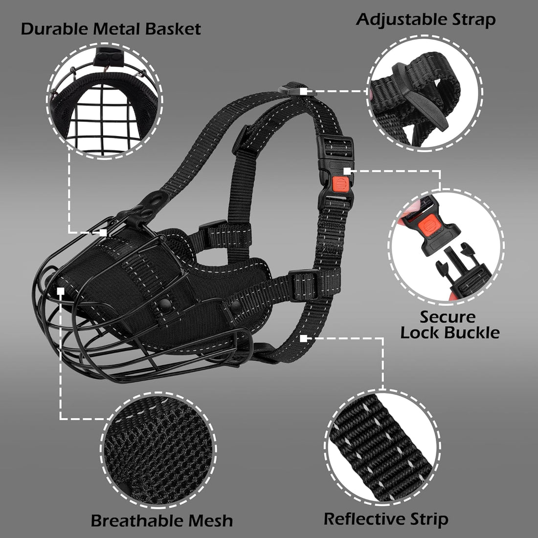 OOPSDOGGY Pitbull Dog Muzzle Reflective Metal Mask Secure Wire Basket